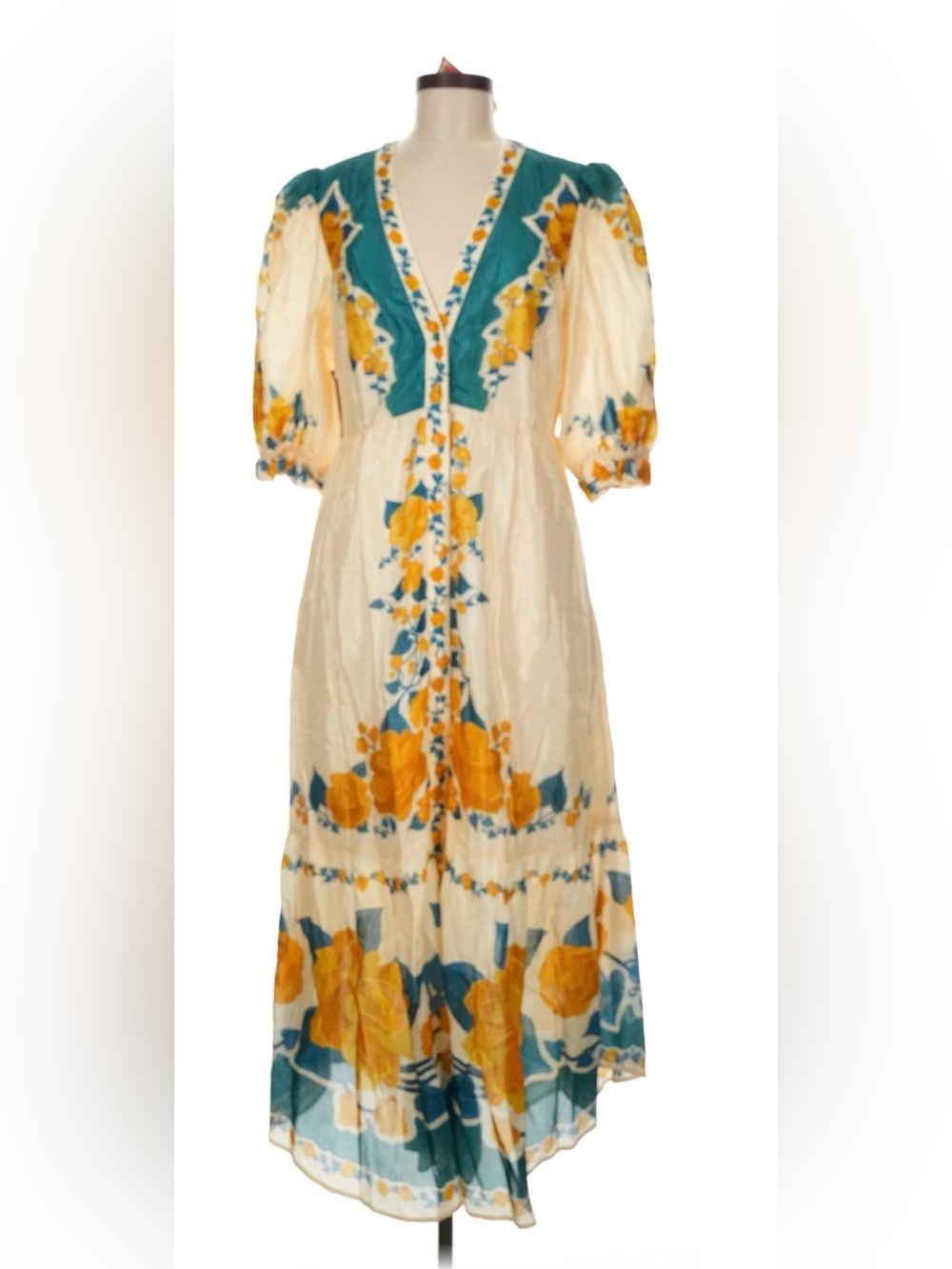 NWT FARM Rio Cream Maxi Dress with Yellow Floral & Teal Trim. Size M